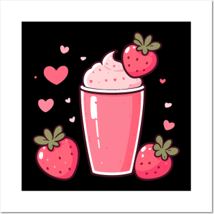 Cute Strawberry Milkshake Ice Cream with Strawberries and Hearts | Kawaii Style Posters and Art